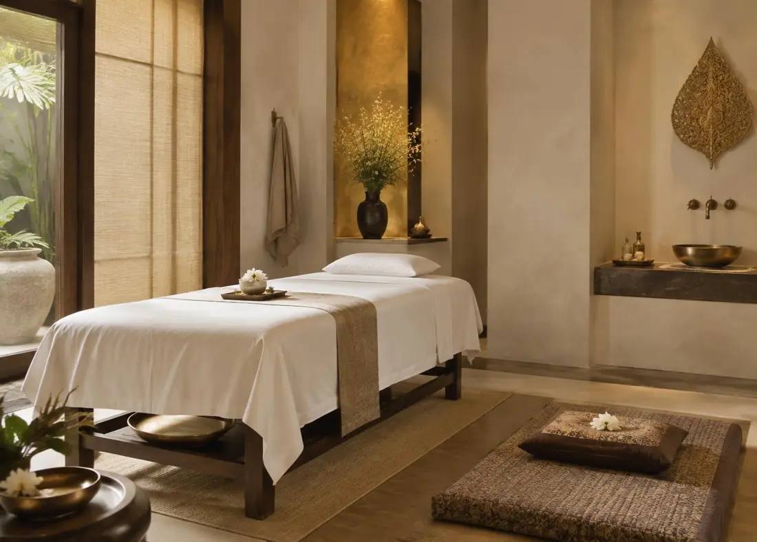Quiet treatment room at Thai Orchid Massage with a linen-dressed table and a traditional Thai floor mat